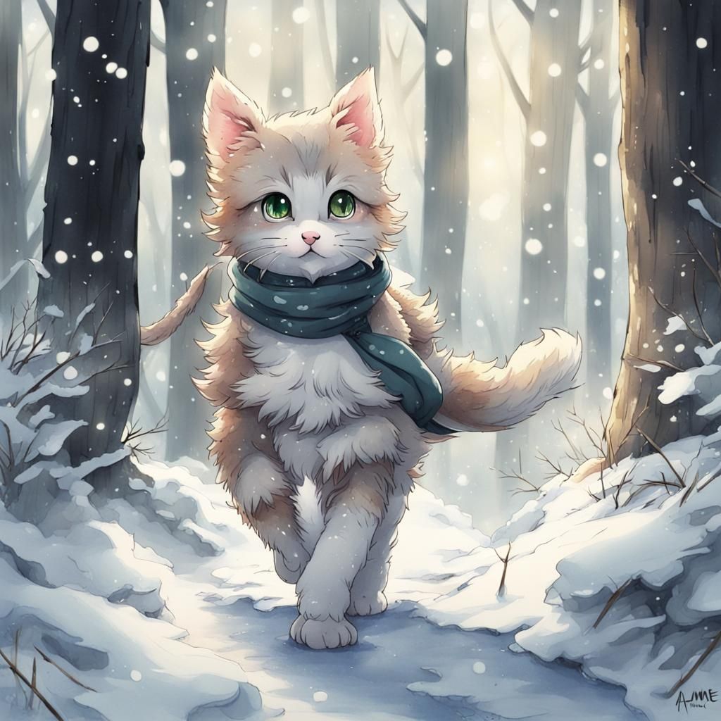 Kitten in Snowy Forest, Mixed Media Anime Art