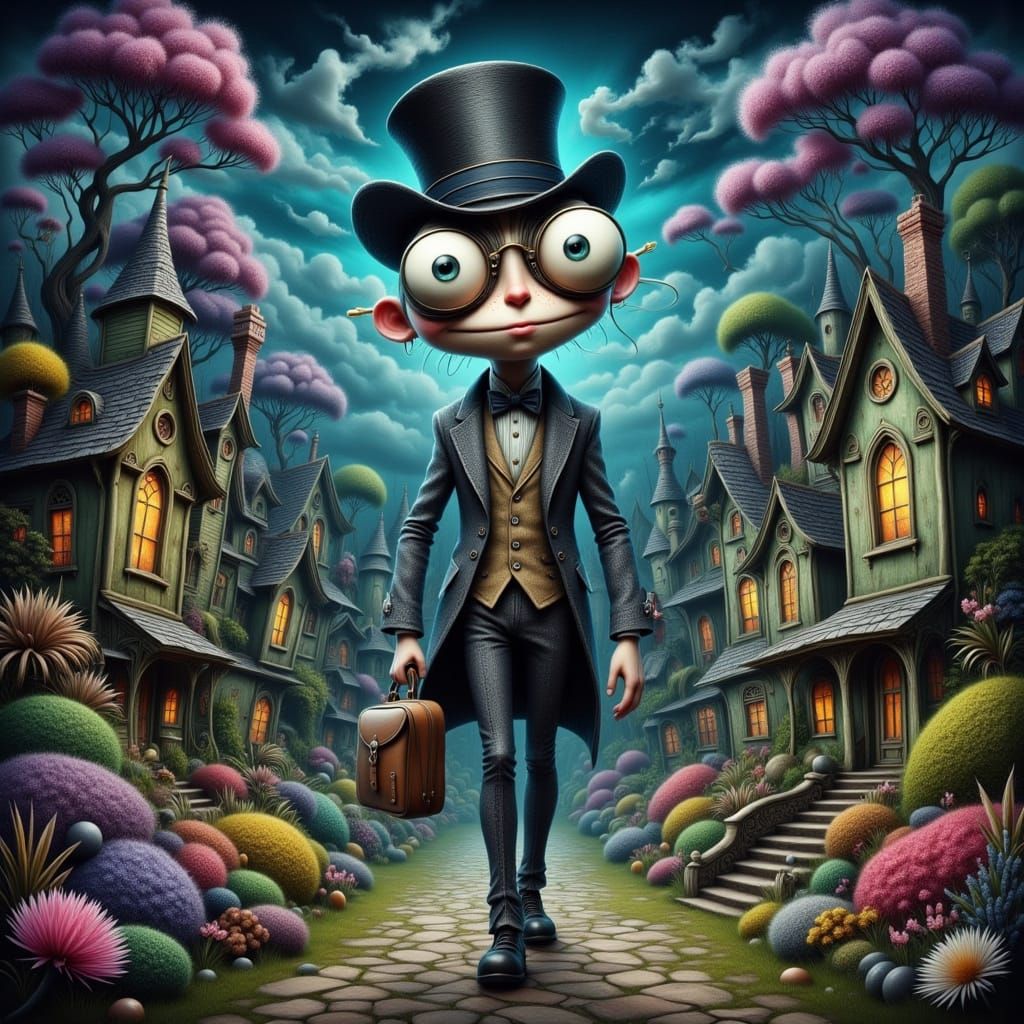 Eccentric Englishman Strolls Surreal Garden in Watercolor Oi...