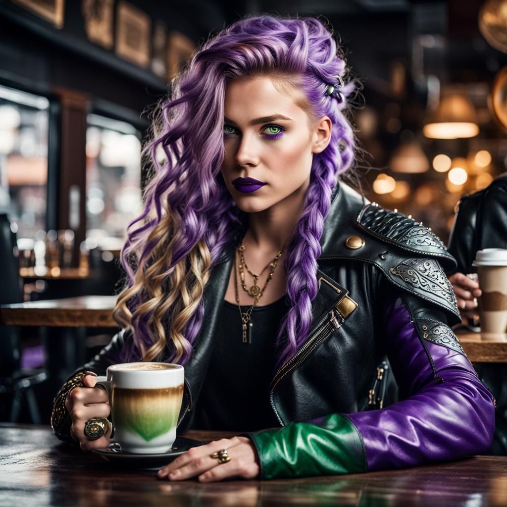 Valkyrie with Viking Features Drinking Coffee