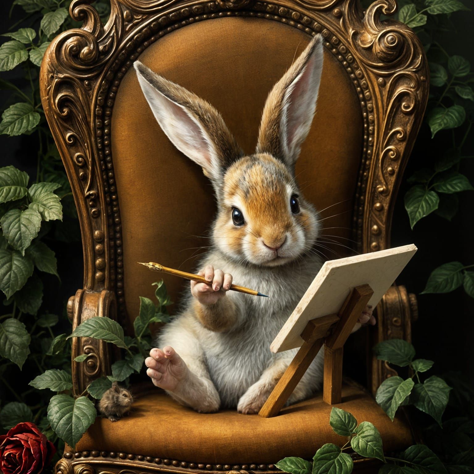 Enigmatic Baby Bunny Paints in Renaissance Style