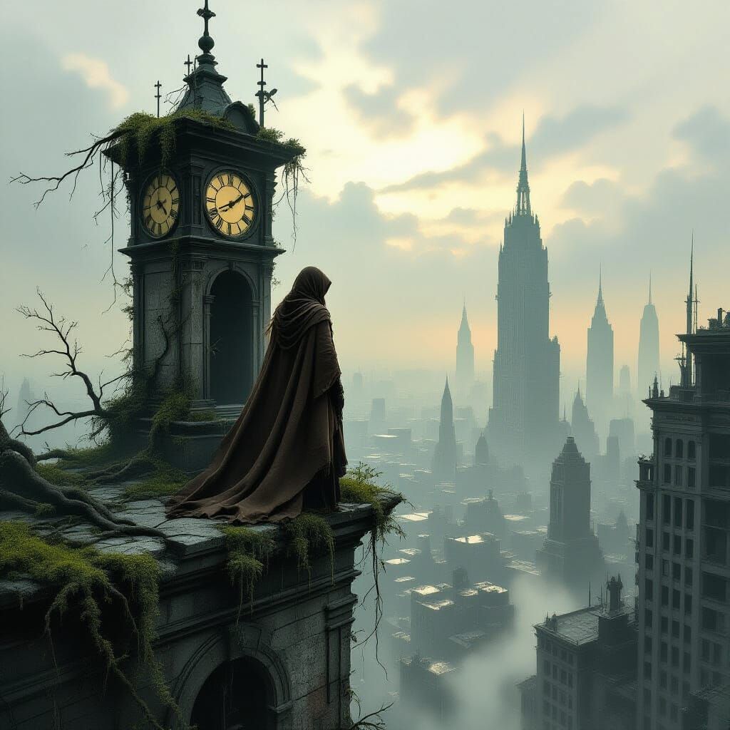 Woman on Crumbling Clock Tower Overlooking Post-Apocalyptic ...