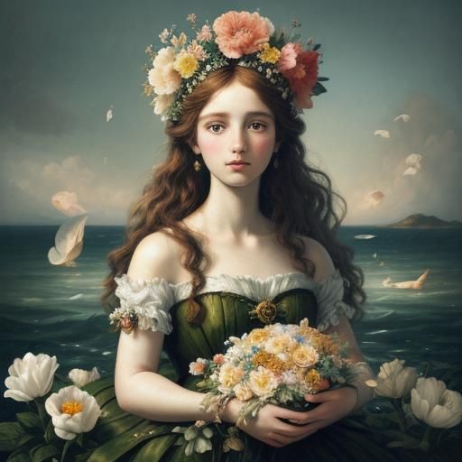 Birth of Venus with Floral Headpiece, Hyperrealistic