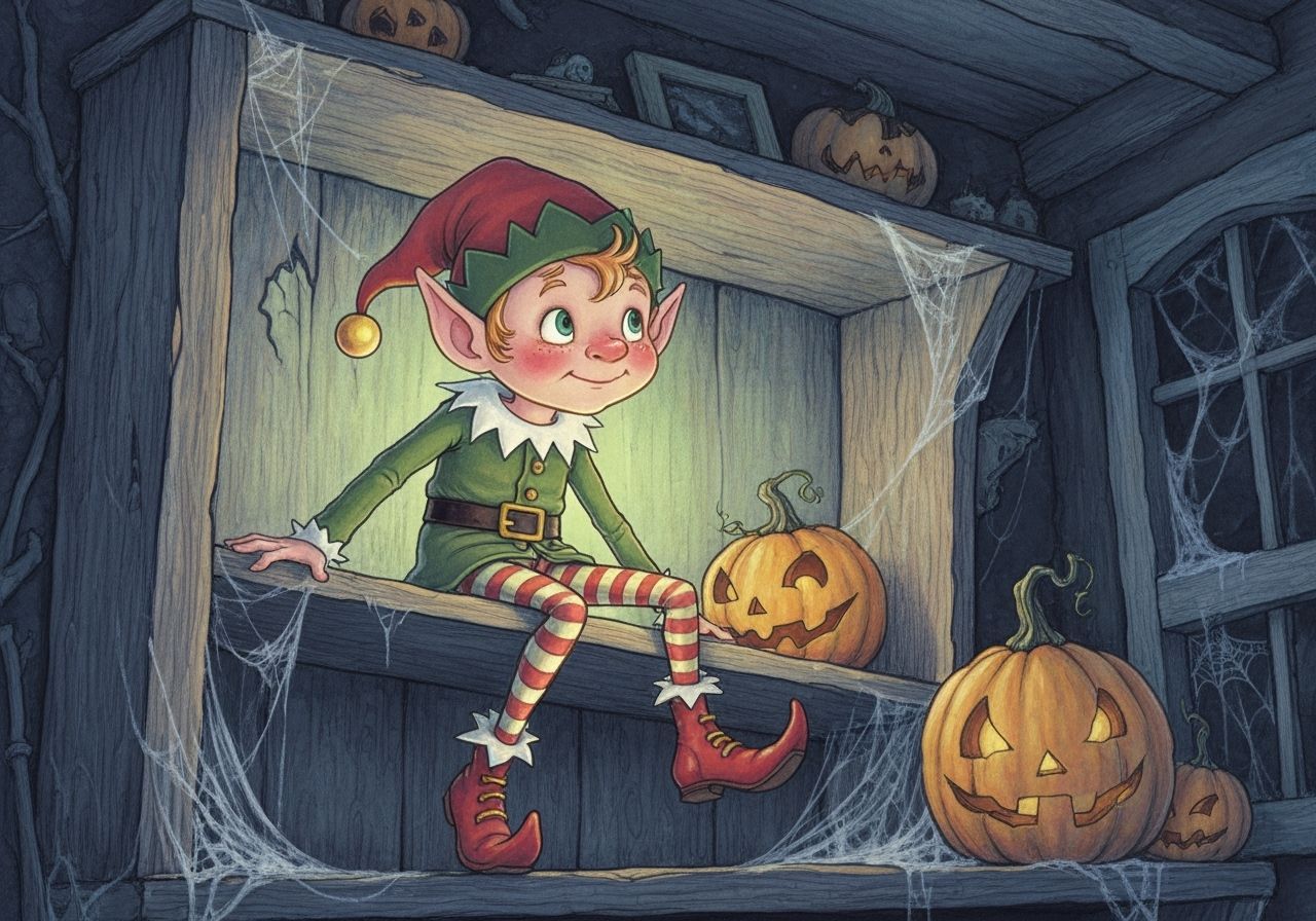 Cartoon Elf in Haunted House Storybook Style