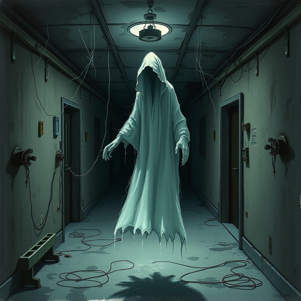 Ethereal Specter in a Gothic Asylum Corridor
