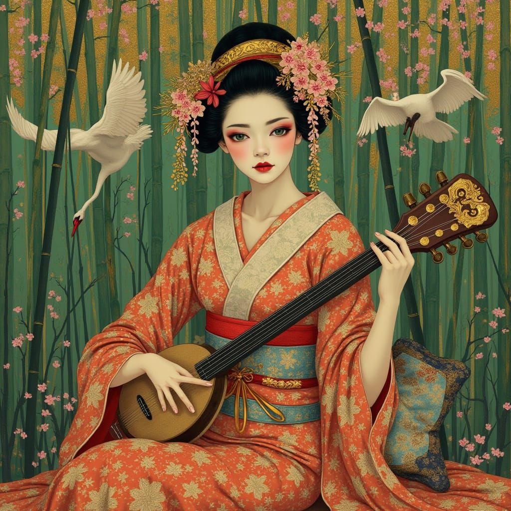 Geisha in Bamboo Garden: Art Nouveau Style