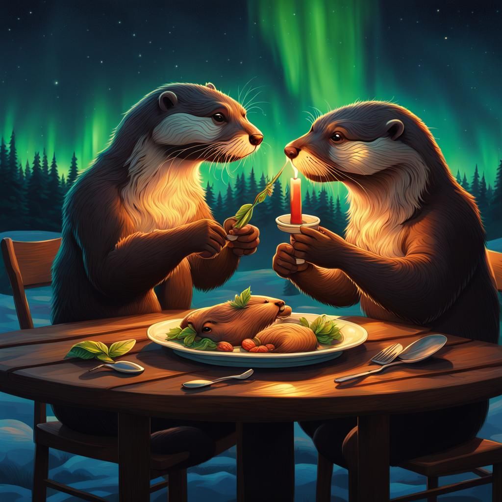 Otters Share a Romantic Dinner Under Northern Lights