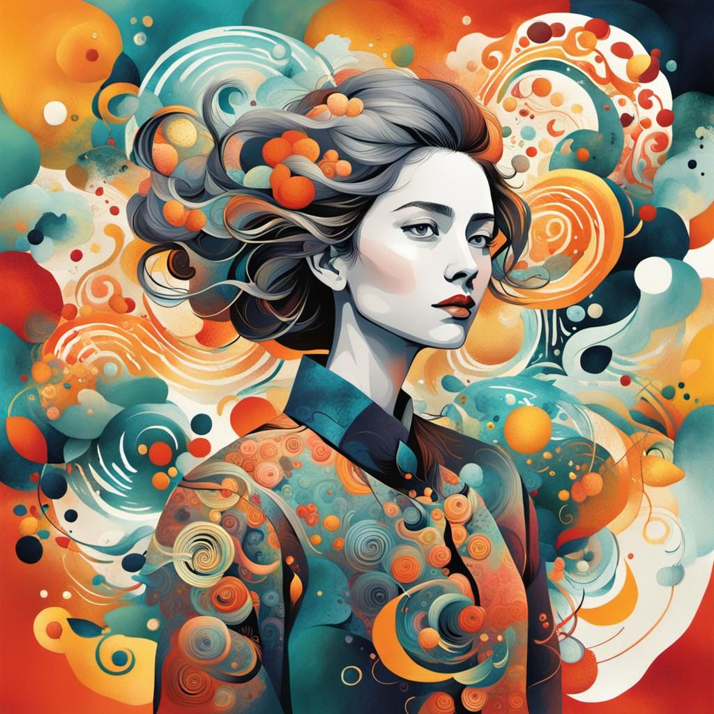 Illustrative Digital Art with Swirling Patterns and Bold Col...