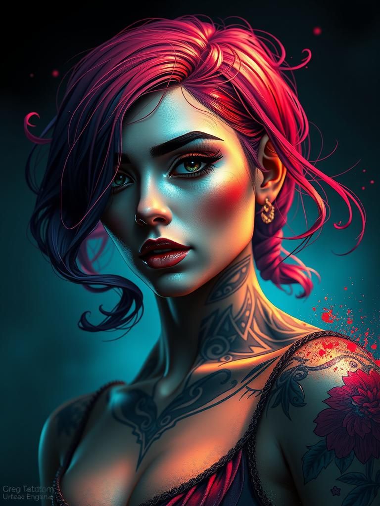 Tattooed Lady Portrait in Hyperdetailed Digital Art