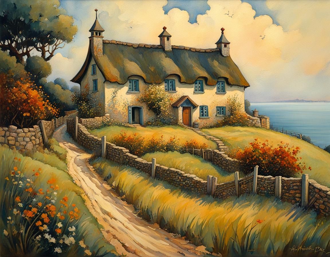 Farmhouse by the Sea: A Neo-Impressionistic Oil Painting