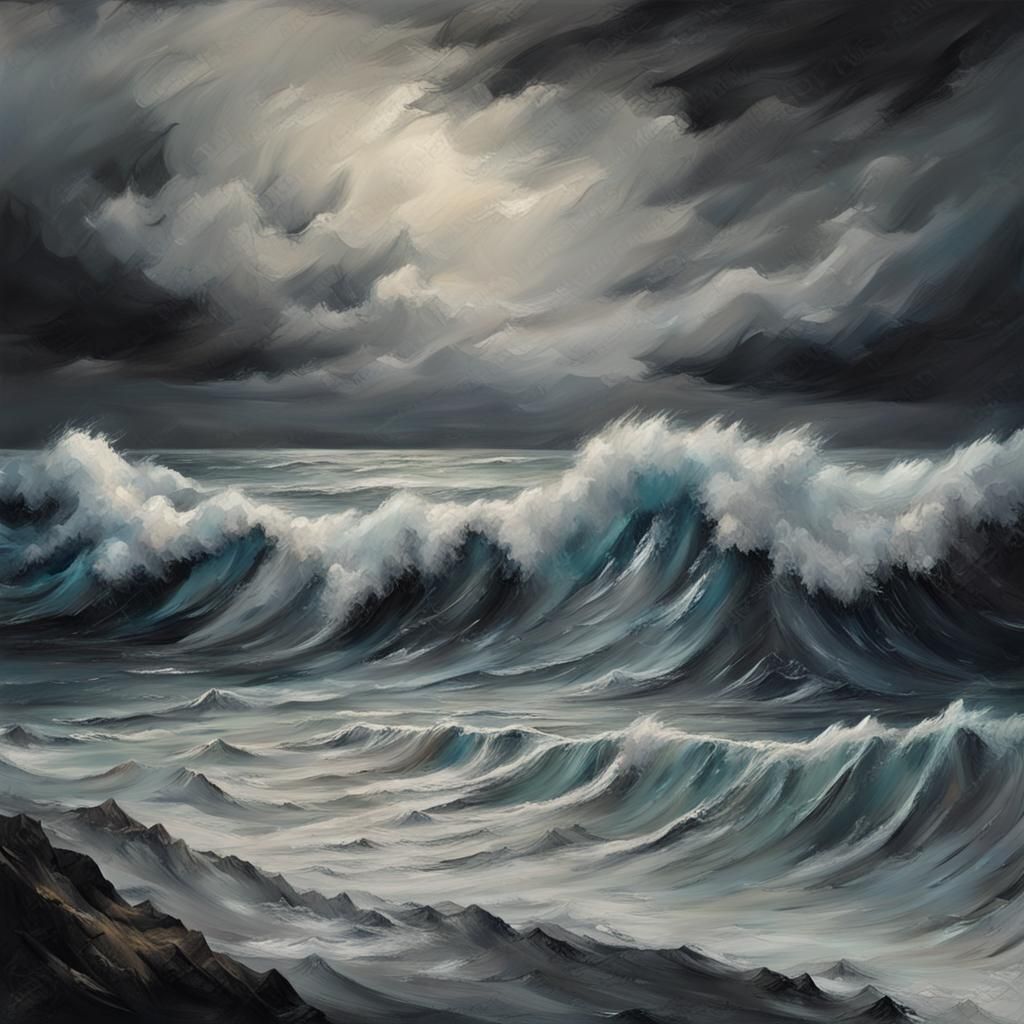 Stormy Grey Ocean Landscape in Acrylic Abstract Style