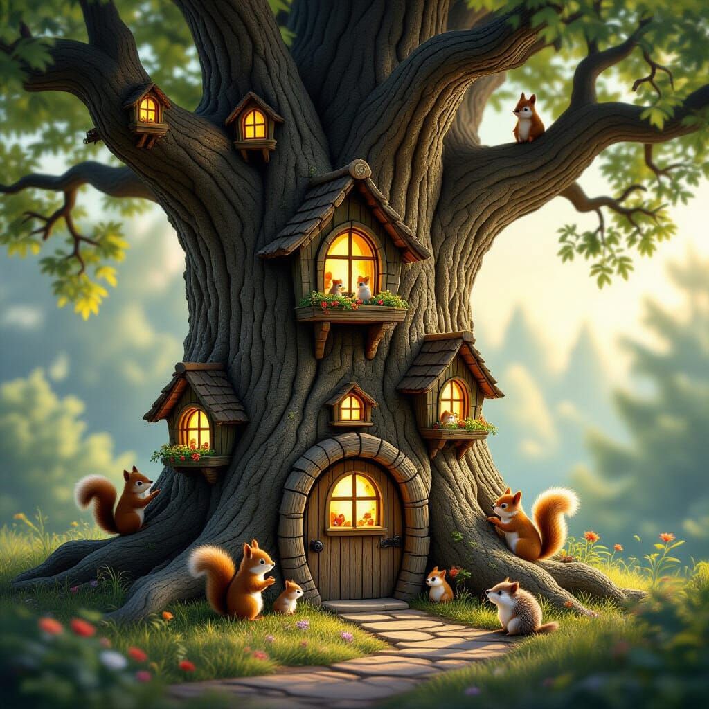 Giant Treehouse with Animals, Photorealistic and Cute