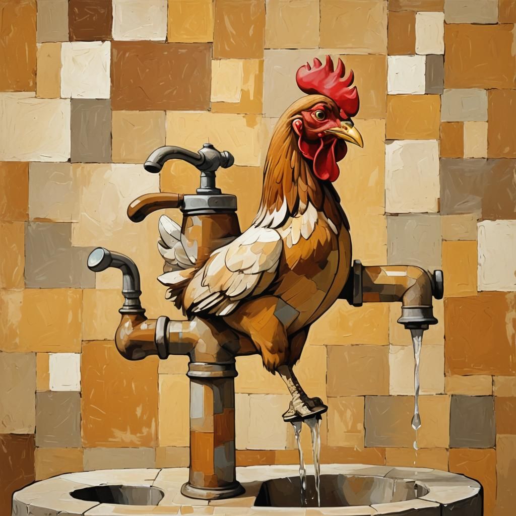 Cubist Chicken and Faucet Painting on Ocher