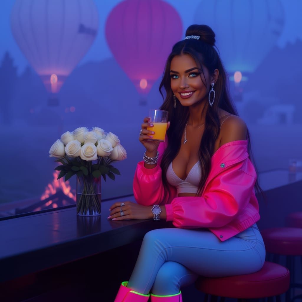 Brunette Woman With Glowing Blue Eyes at Neon Bar
