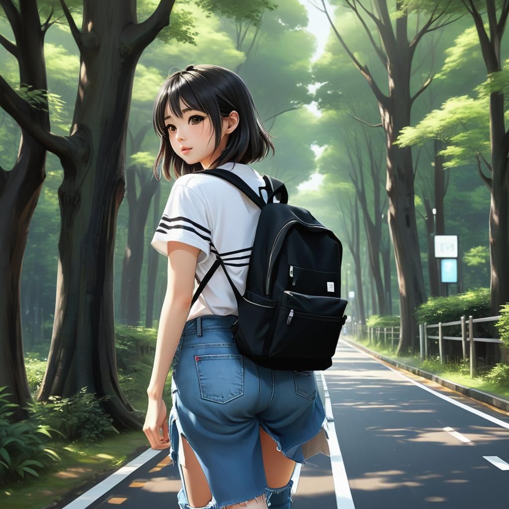 Anime Style Japanese Girl Walking on Tree-Lined Road