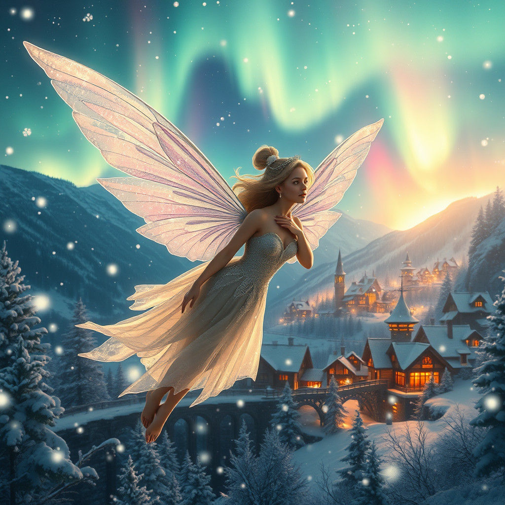 Ethereal Winter Fairy in Aurora Borealis Landscape