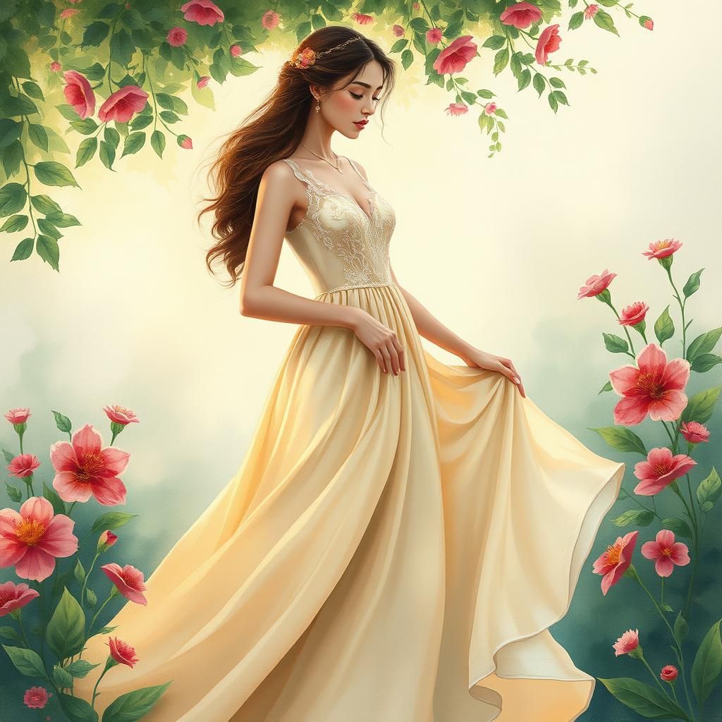 Ethereal Woman in Silky Gown, Watercolor Style