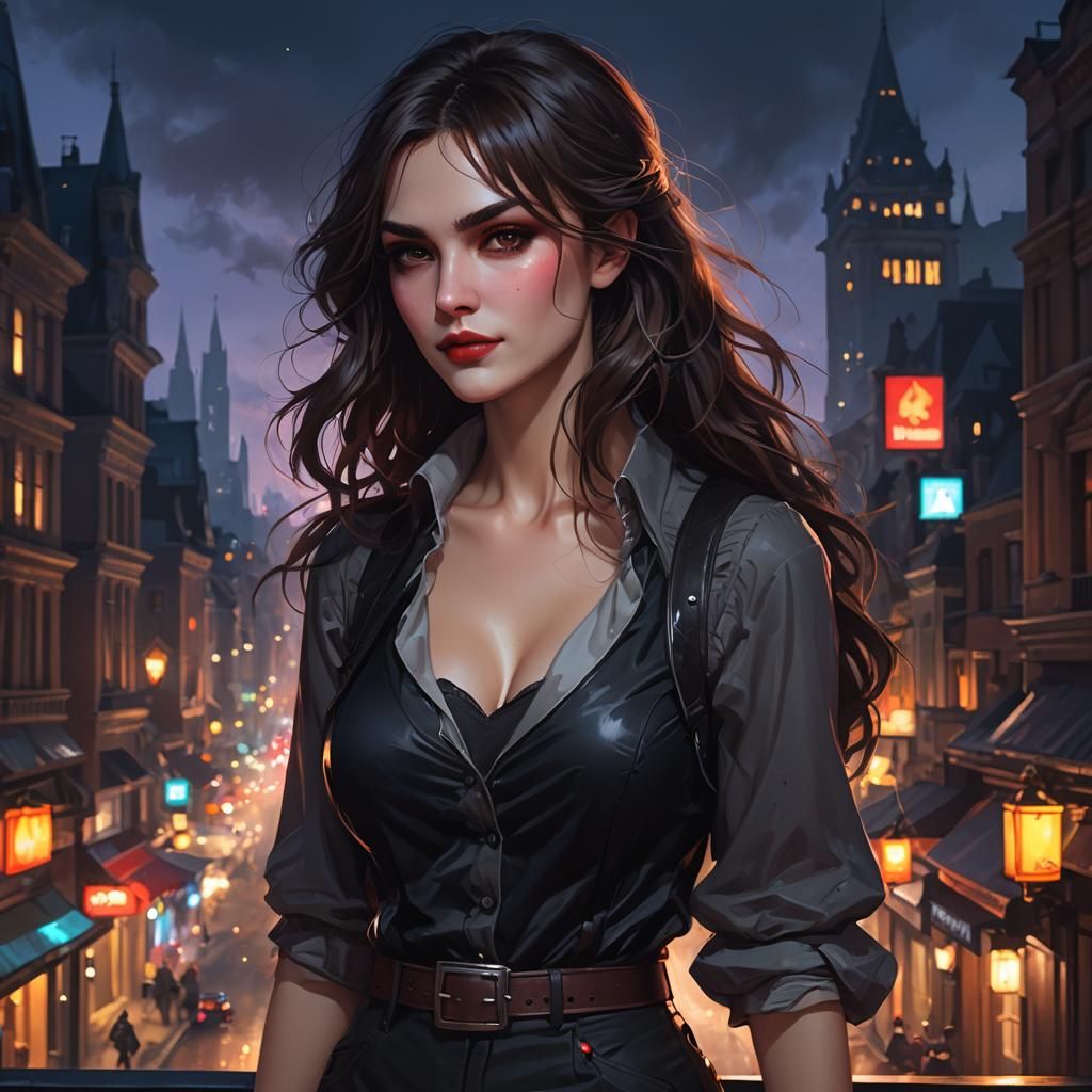 Young Vampire Woman in Cityscape, Hyperdetailed Digital Art