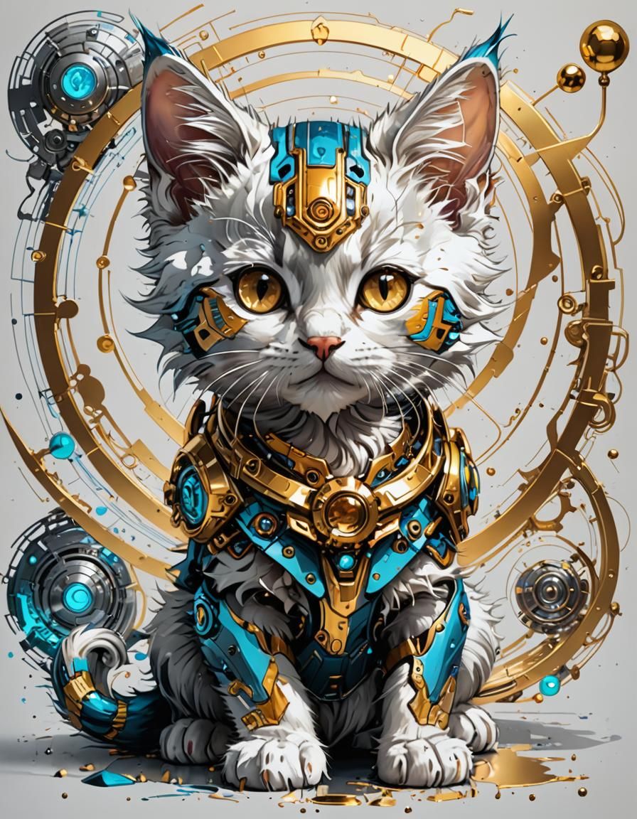 Cyberpunk Kitten with Silver and Golden Outlines