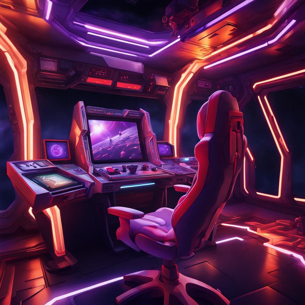 Gaming System in Neon Spaceship: Hyperrealistic Splash Art
