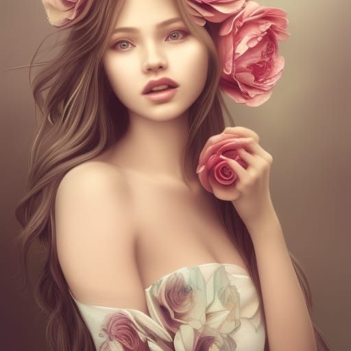 Elegant Woman with Flower, Hyper-Detailed Digital Art