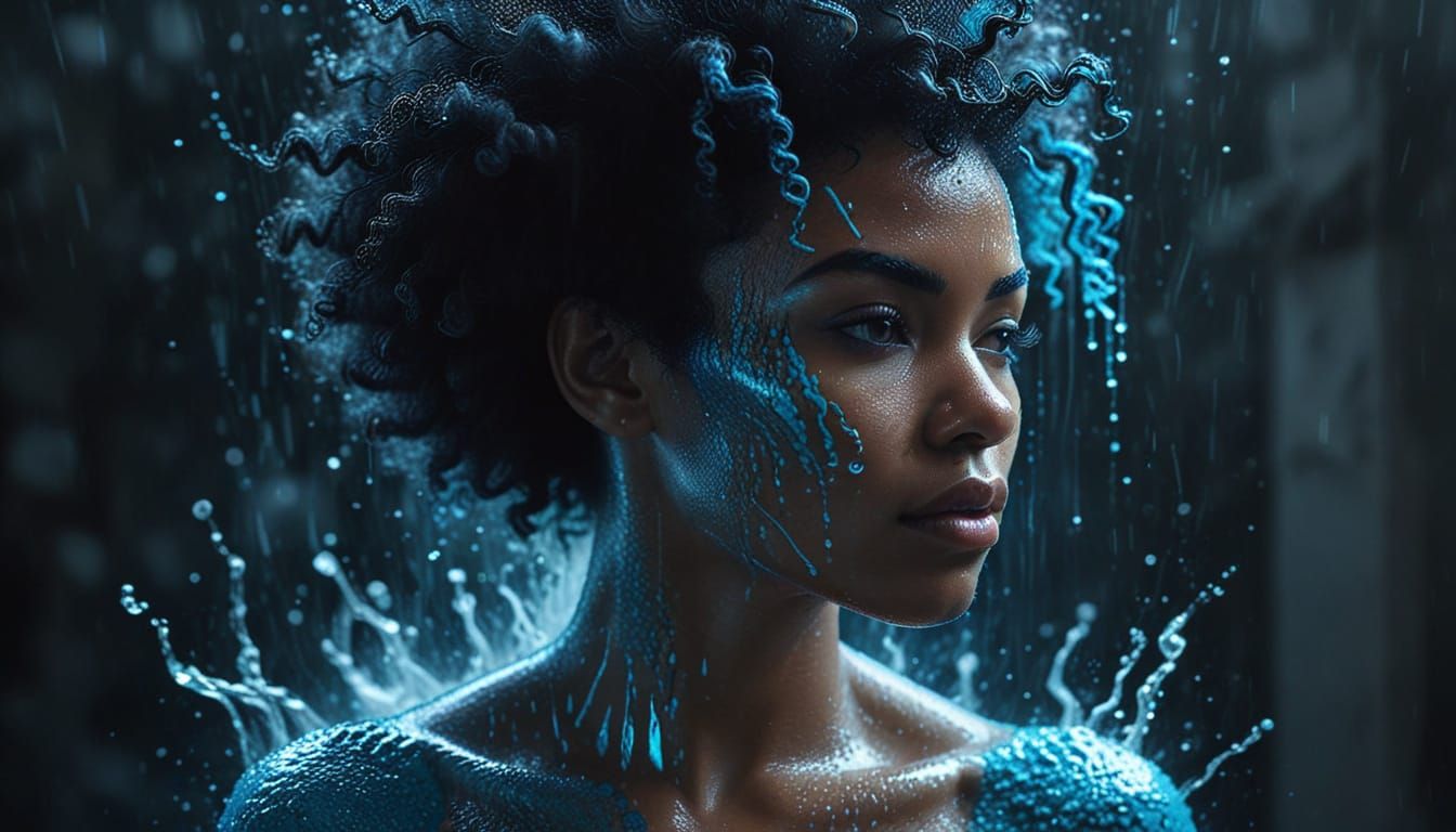 Hyper-Realistic Teal Afro Goddess in a Psychedelic Brain Cit...