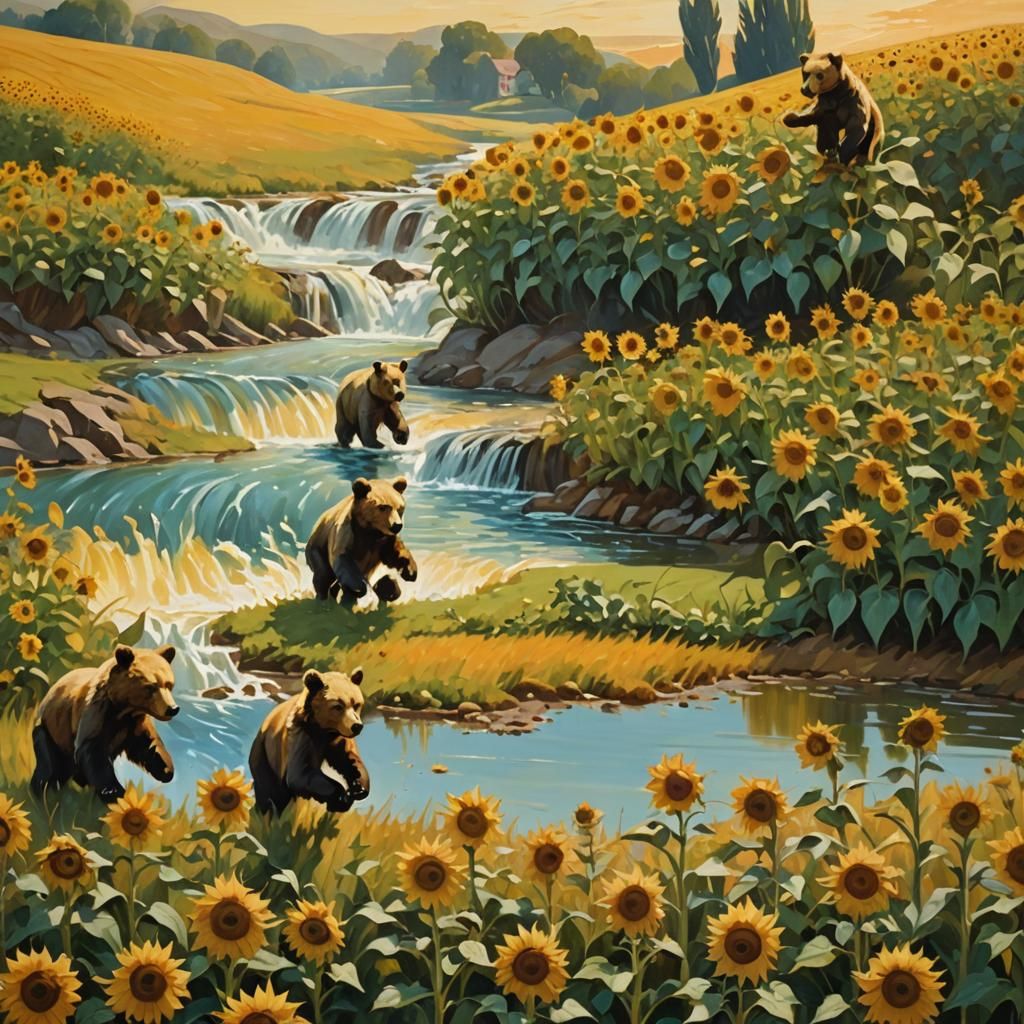 Surrealist Bear Cub's Journey in Golden Light