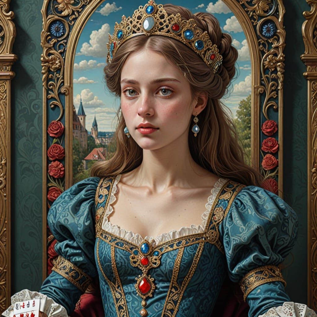 Queen of Cards in Art Nouveau Style with Surreal Backdrop
