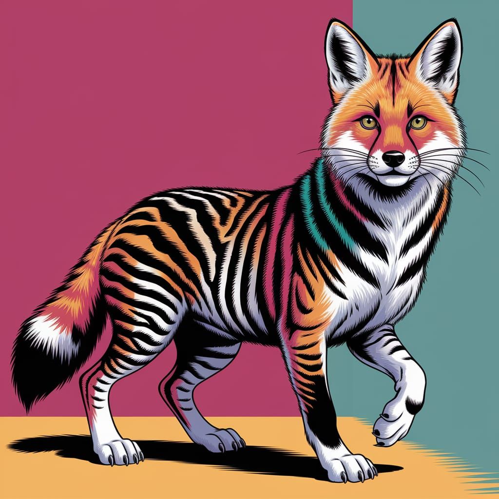 Vibrant Fox with Zebra Stripes in Pop Art Style