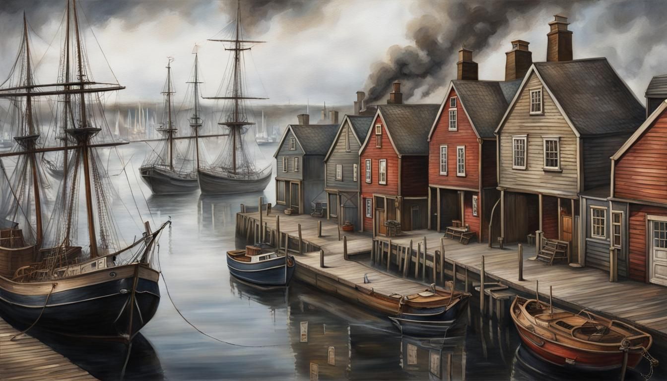 Realistic Port City with Sailing Ships and Timber Houses