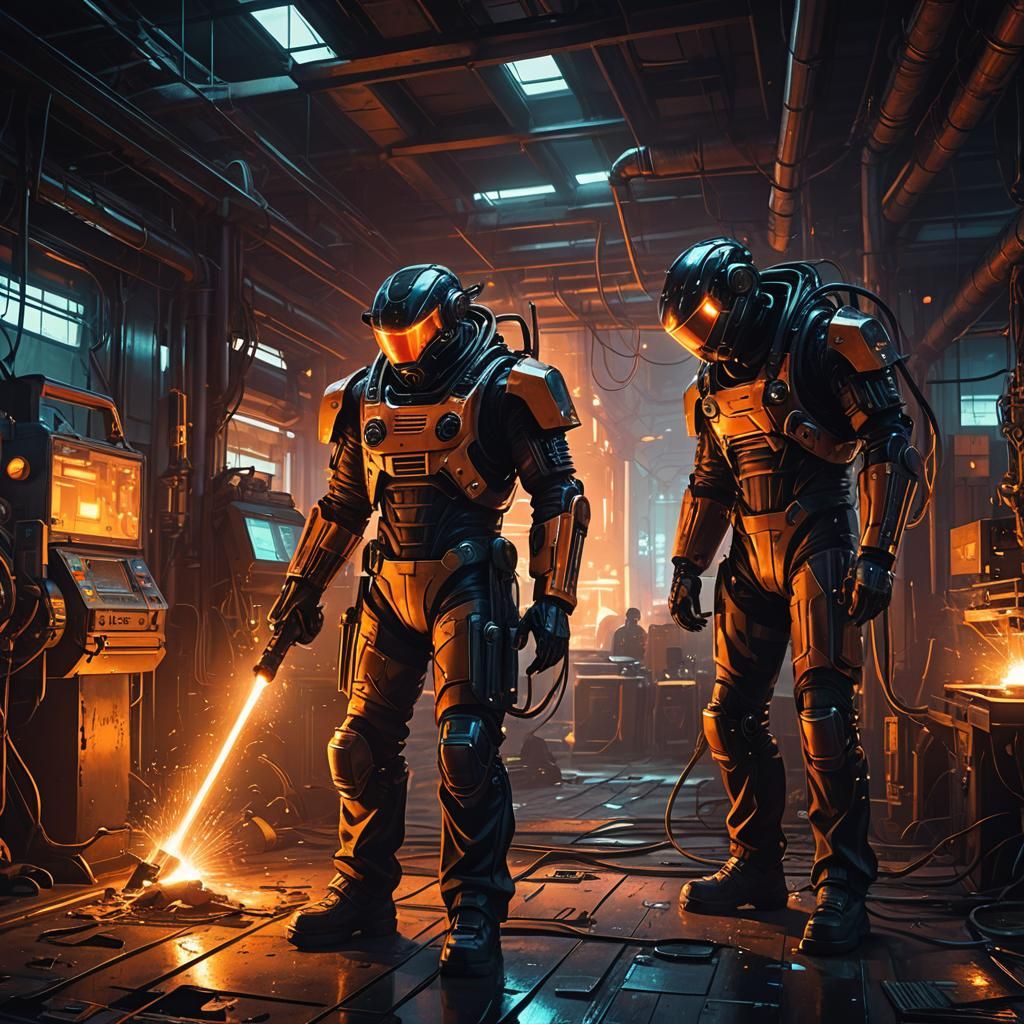 Cyberpunk Factory: Robot Overseer and Human Worker