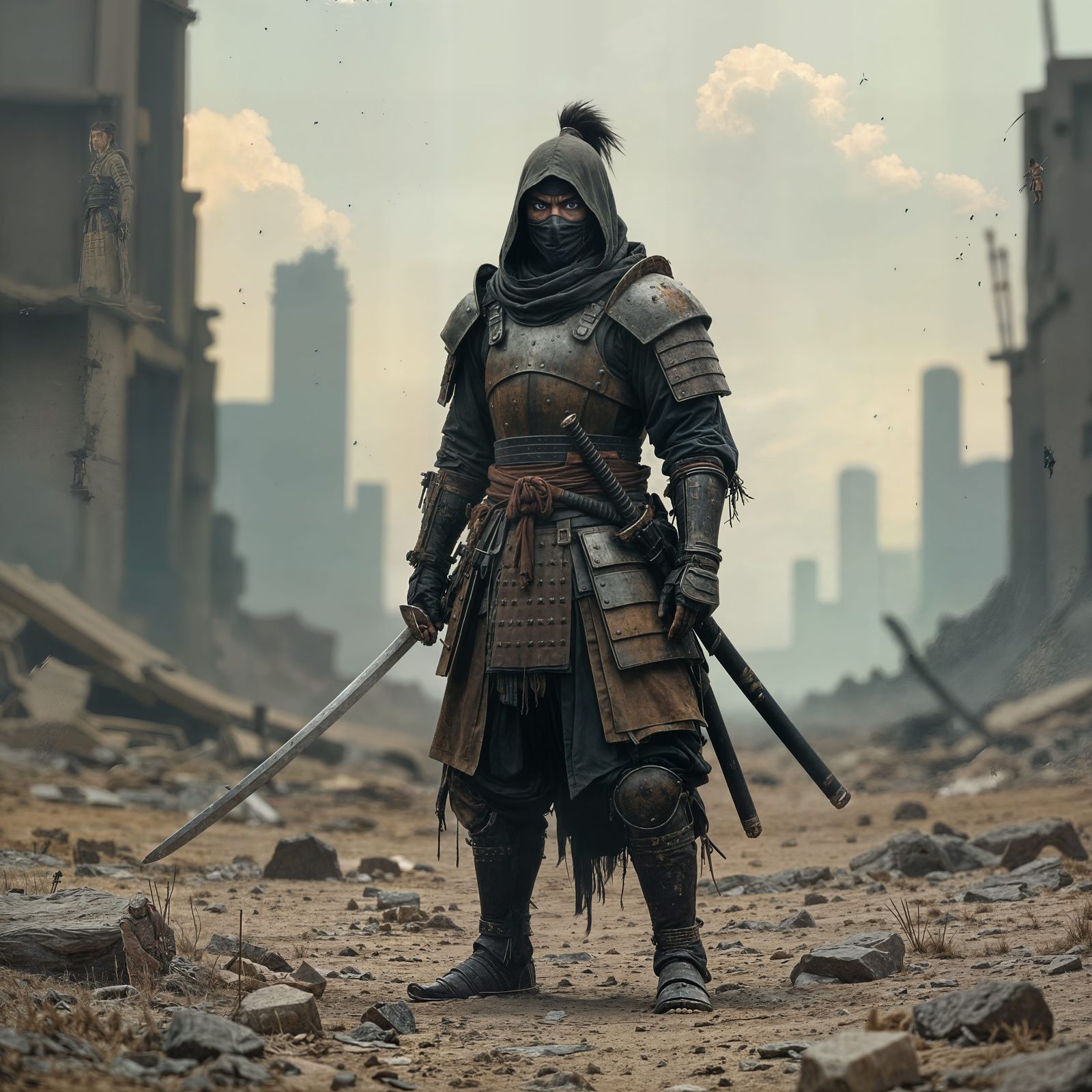 Samurai Warrior in Post-Apocalyptic Battlefield