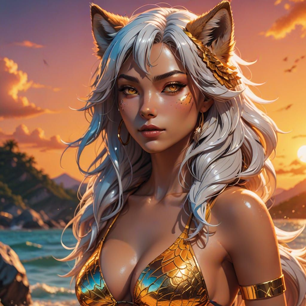 Anime-Style Hybrid Wolf Woman in Sunset Lighting