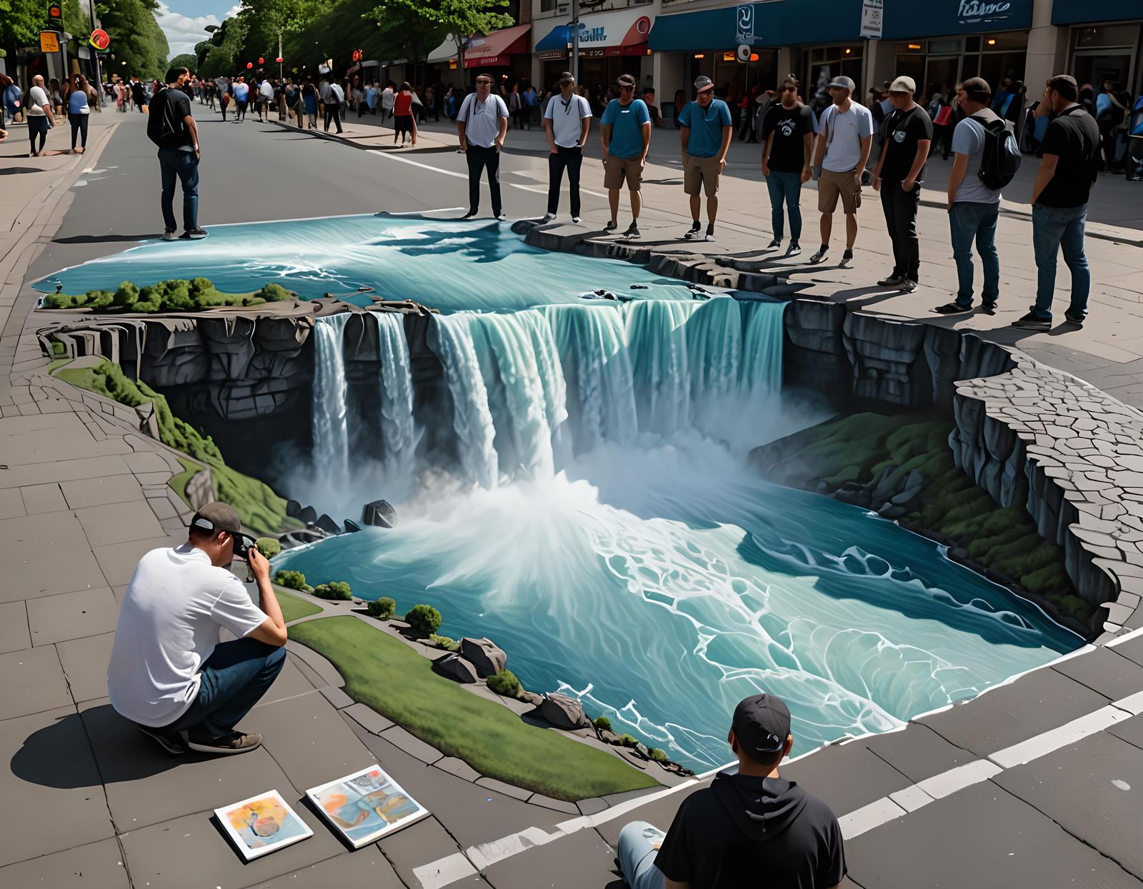 A street-artist drawing a Chalk art image of the Niagara falls