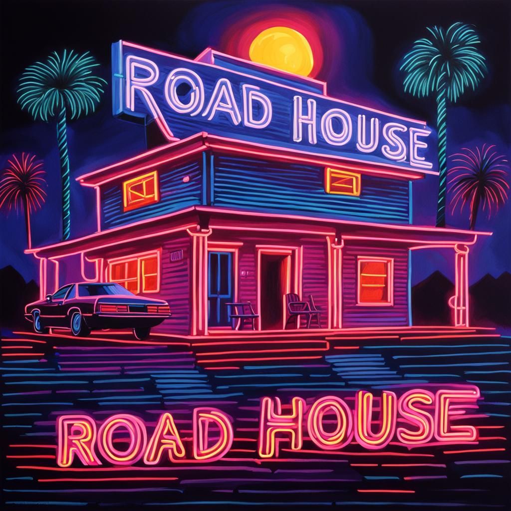 Road House in Neon Synthwave Gouache Style
