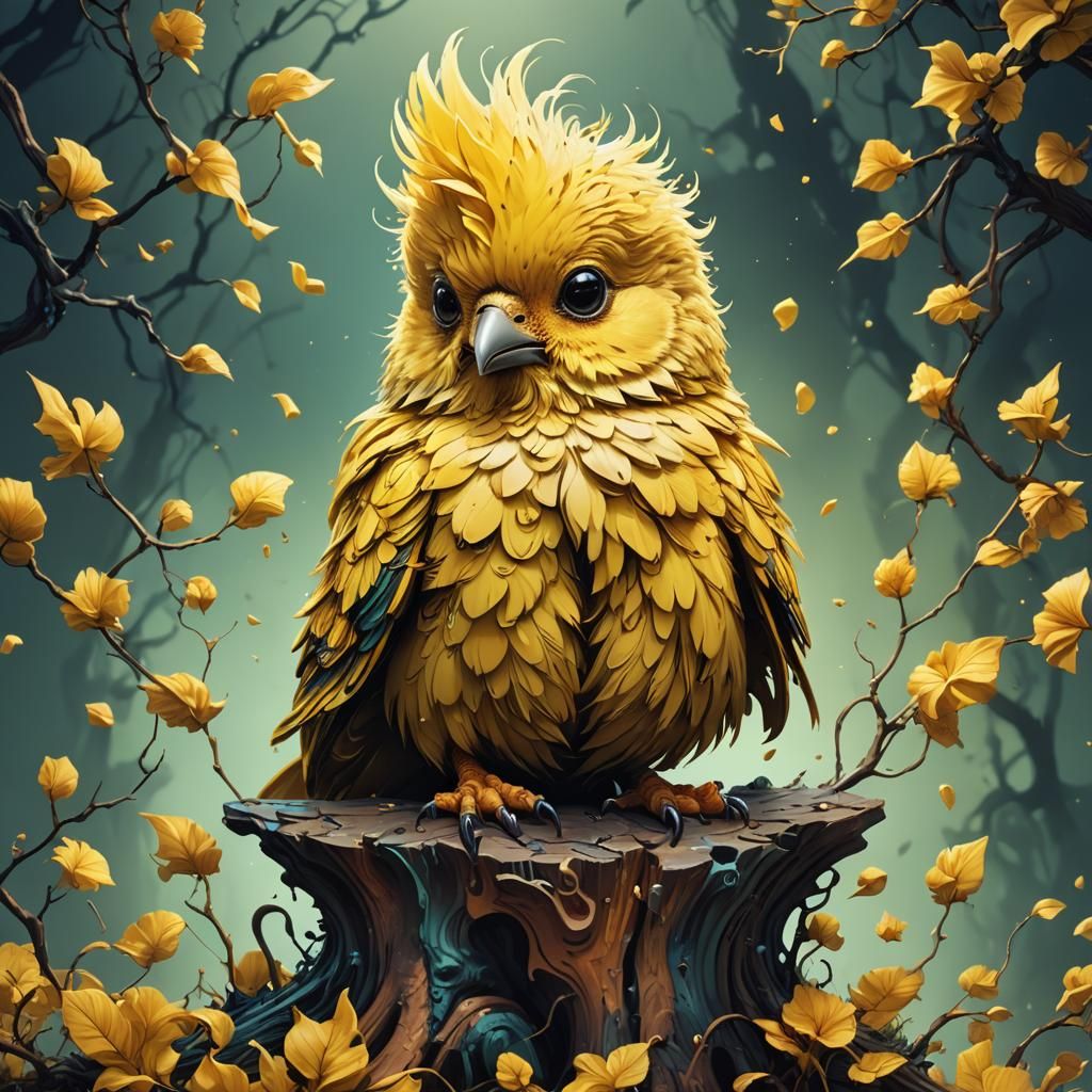 Anxious Yellow Bird as The Thinker: Digital Art