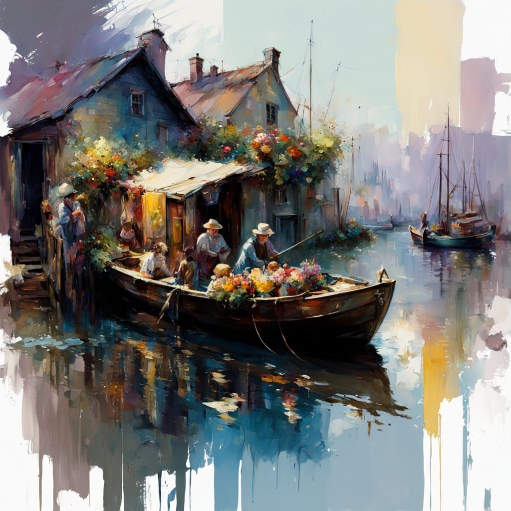 Whimsical Village Harbor Scene in Maximalist Style