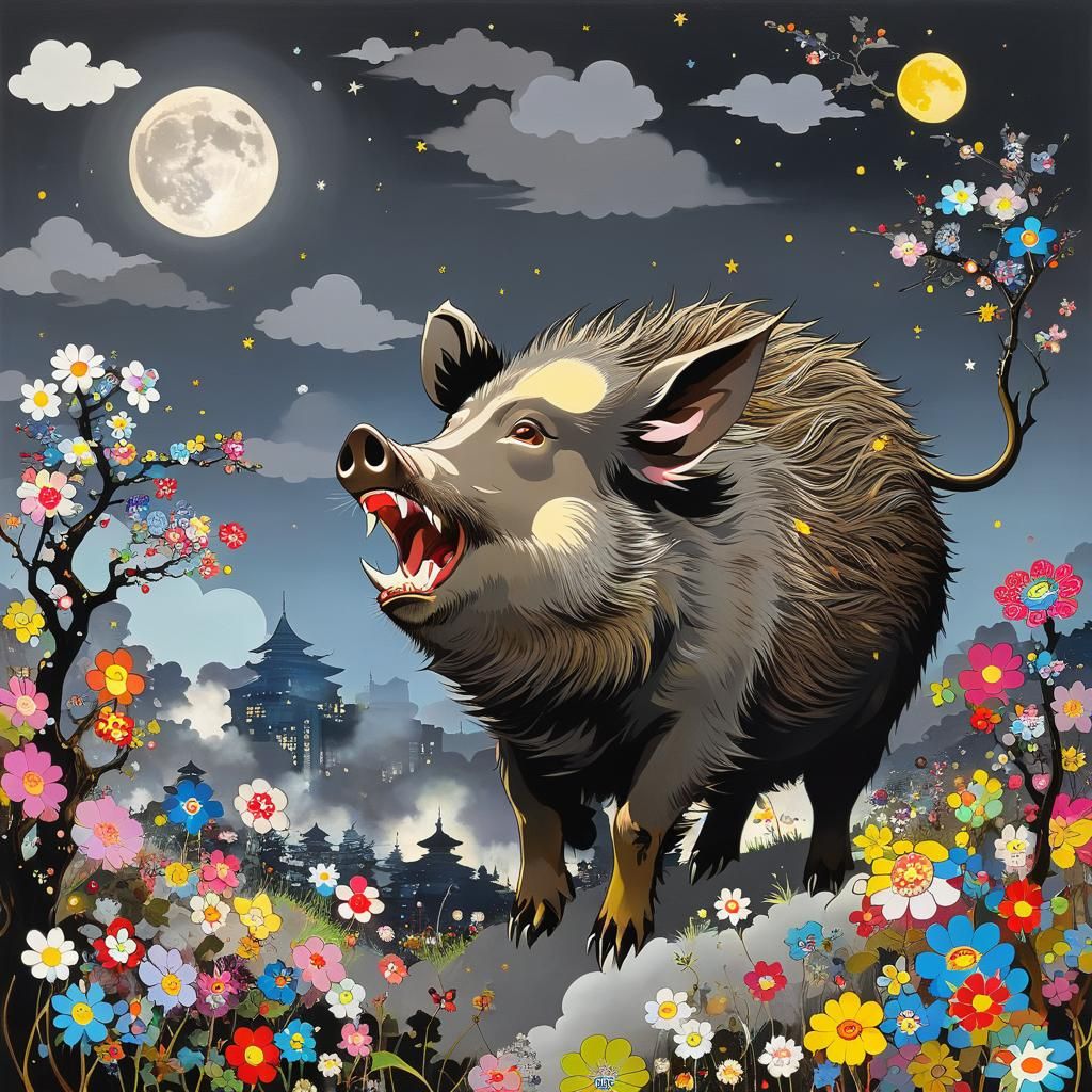Wild Boar Howling at Moon in Megalopolis