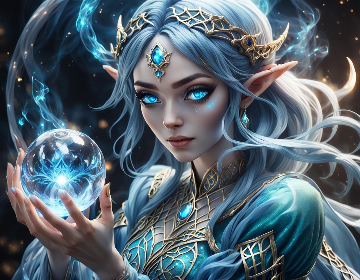 Anime Elf Magician Casting Blue Orb Spell