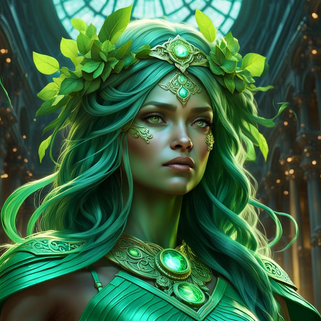 Green Goddess in Hyperdetailed 3D Rendering