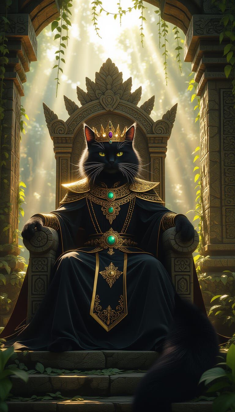 Anthropomorphic Cat King in Jungle Temple