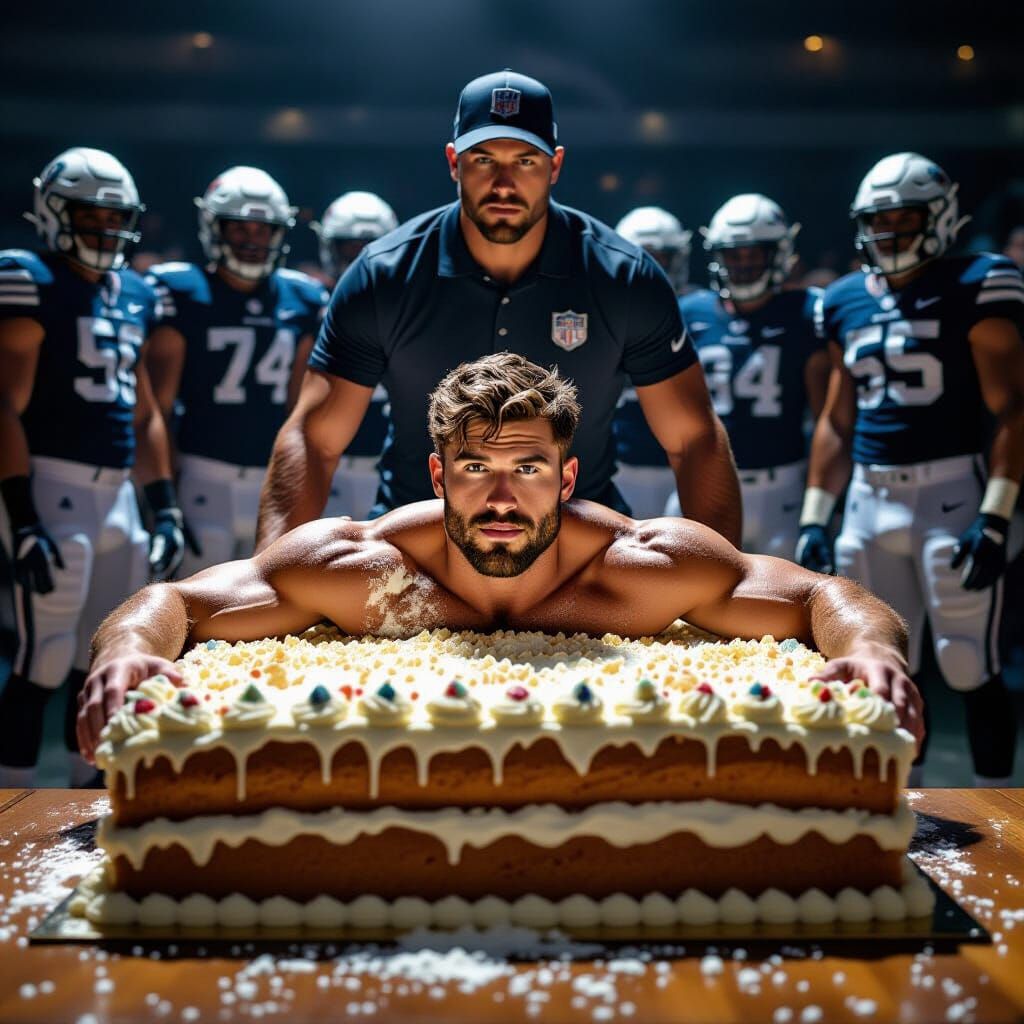 Football Player Covered in Frosting on Giant Cake