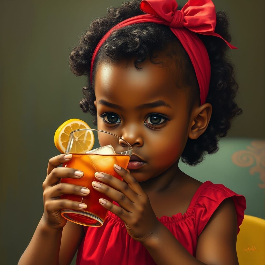 African-American Girl Sipping Iced Tea: Hyperrealistic Portr...