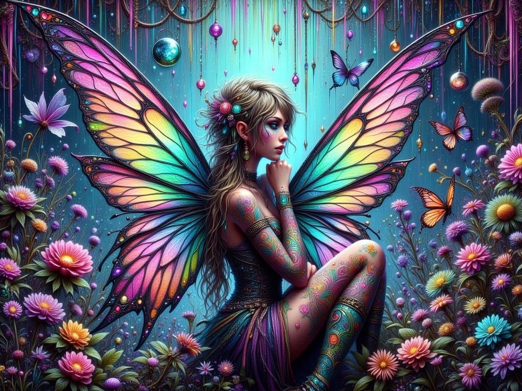 Vibrant Goth Fairies in an Enchanted Garden with Neon Glow F...