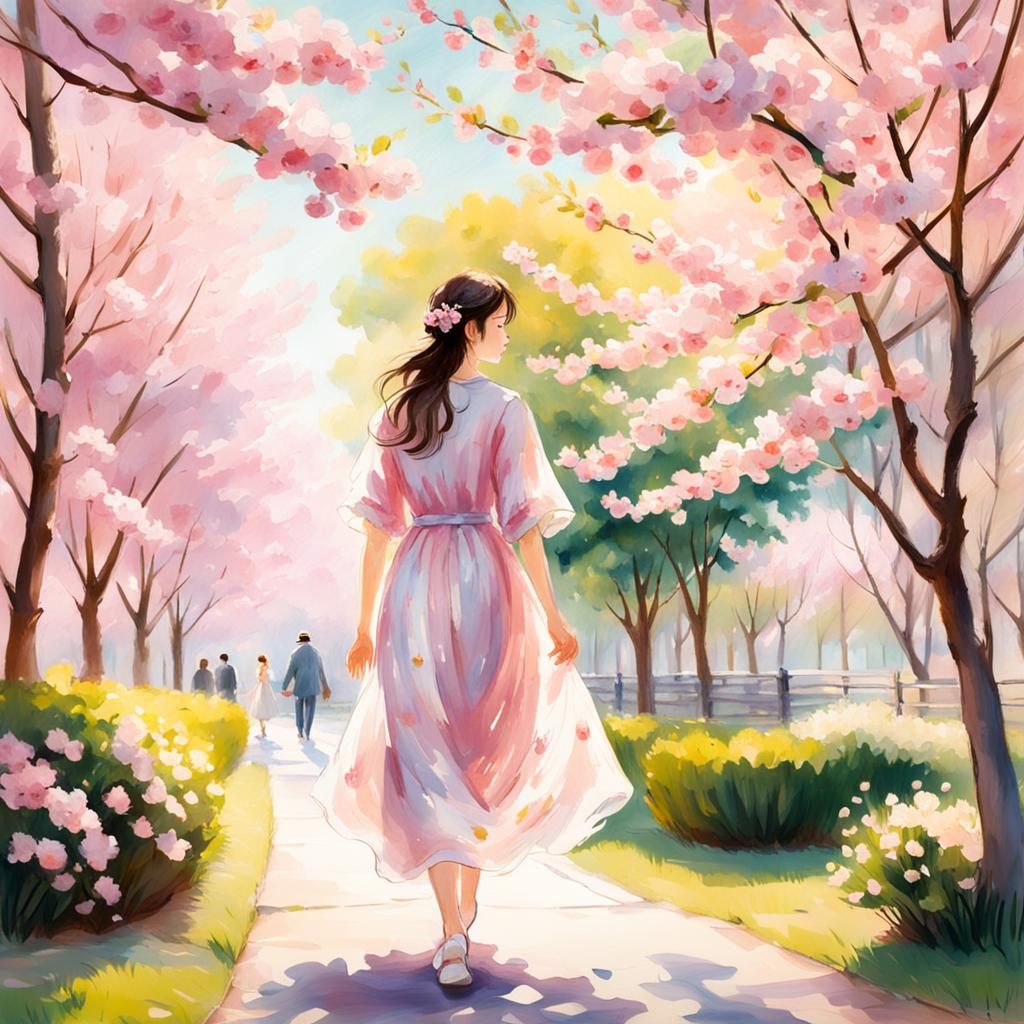 Cherry Blossom Woman in Impressionistic Spring Park