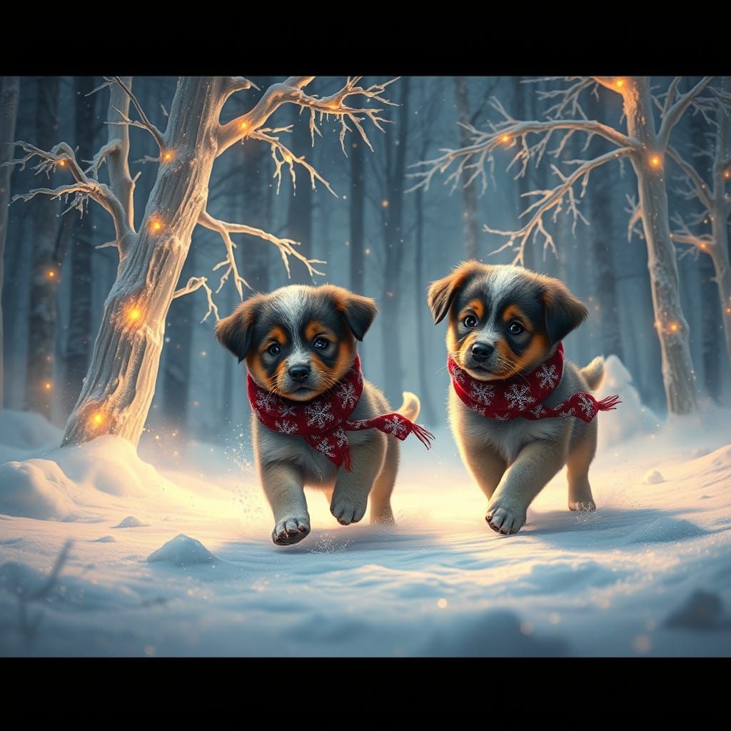 Twin Puppies in Enchanted Snowforest