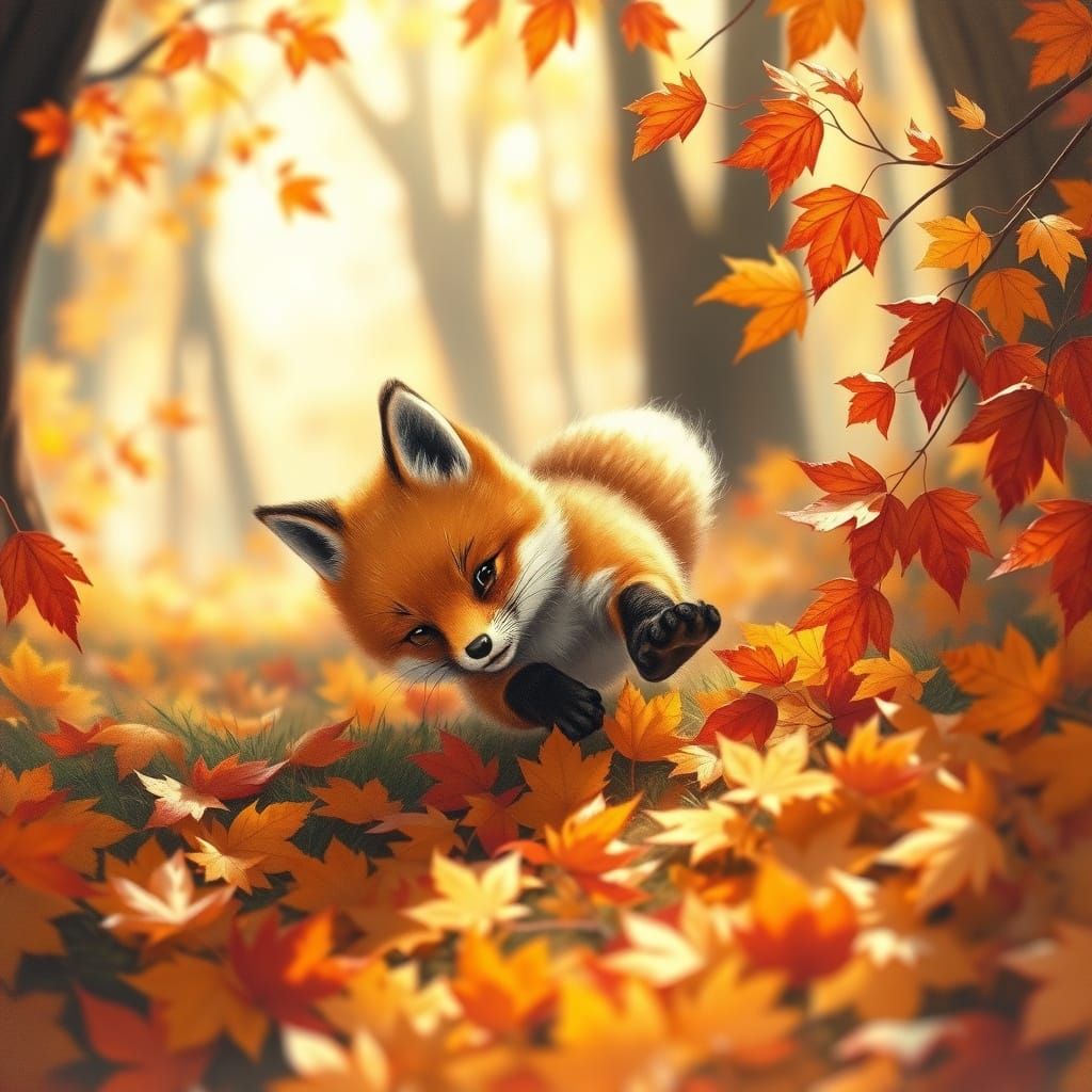Playful Fox Cub in Autumn Leaves