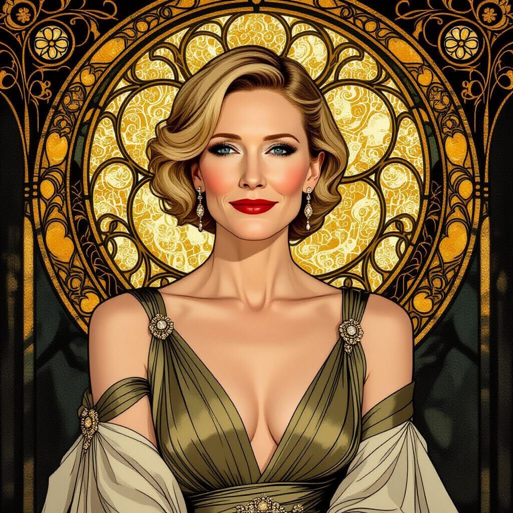 Elegant Portrait with Golden Accents in Art Nouveau Style