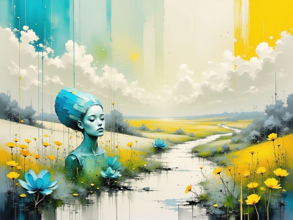 Surreal Dreamscape with Iridescent Blue Animal