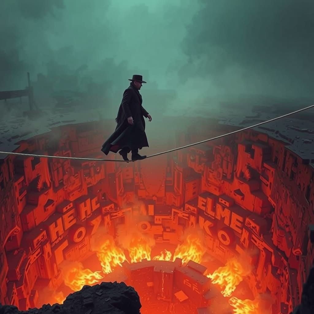 Fiery Tightrope Walk: A Dystopian Vision