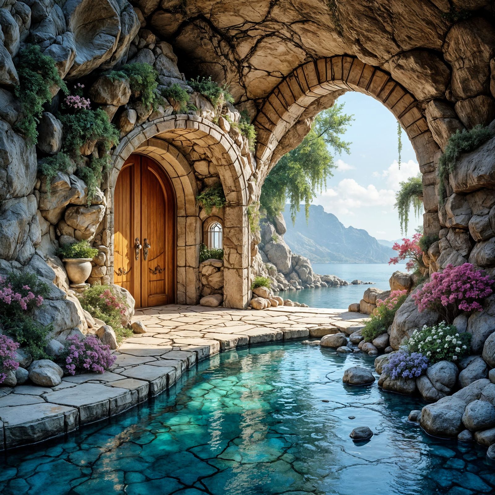 Cave Home With Wood Doors Overlooking Water Vista